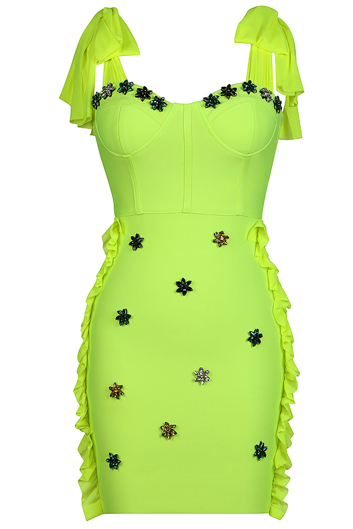 Minivestido Bandage con lazo de cristal verde fluorescente