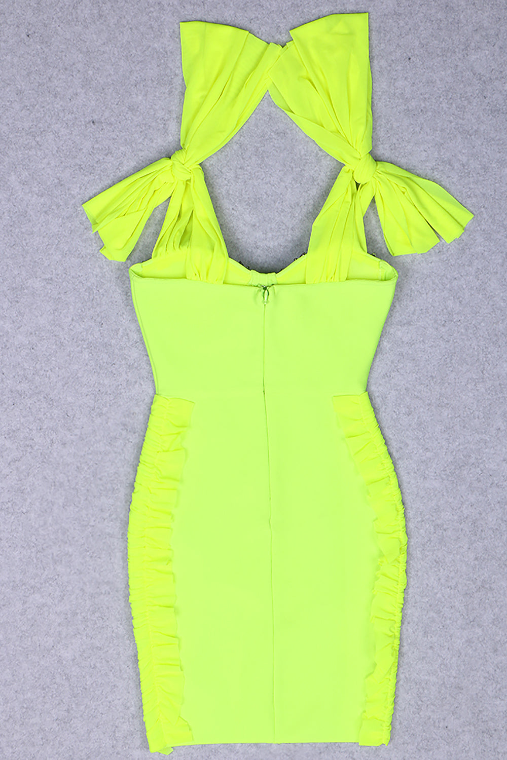 Mini vestido de bandagem com laço de cristal verde fluorescente