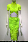 Fluorescent Green Two Piece Tight Skirt High Neck Short-Sleeved Top Pleated Skirt