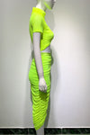 Fluorescent Green Two Piece Tight Skirt High Neck Short-Sleeved Top Pleated Skirt