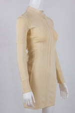 Beige Long Sleeve Stand Collar Front Zipper Bandage Dress - IULOVER