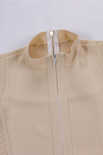 Beige Long Sleeve Stand Collar Front Zipper Bandage Dress - IULOVER