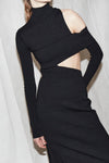 One Shoulder Full Sleeves Hollow Out Split Mid Bandage Dress - IULOVER