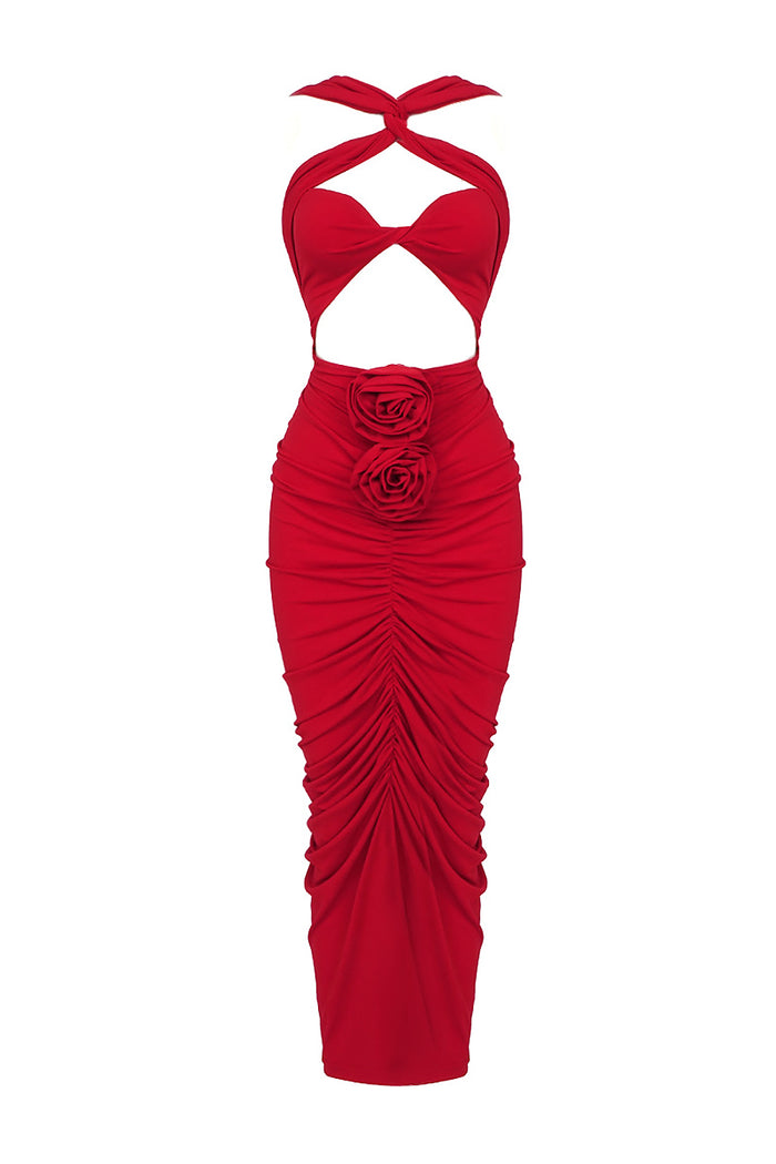 Vestido midi recortado franzido em vermelho