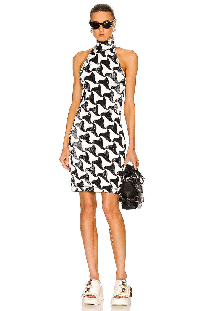 Geometric Print Sleeveless Mini Bandage Dress In Black Rose Red