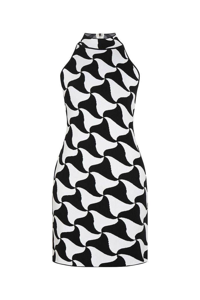 Geometric Print Sleeveless Mini Bandage Dress In Black Rose Red