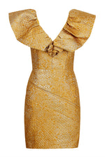 Gold Cloak Sleeves V Neck Ruffles Mini Dress