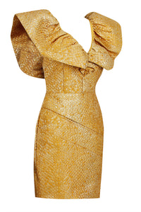 Mini vestido con volantes y cuello en V con mangas de capa doradas