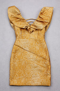 Mini vestido dourado com mangas e decote em V com babados