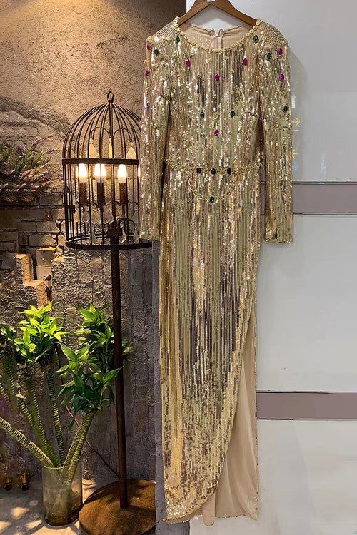 Gold Gorgeous Sequins Beaded Splits Evening Gowns