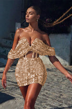 Gold Sequins Off Shoulder Mesh Mini Dress