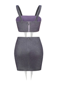 Conjunto de dos piezas con purpurina brillante y minifalda con top corto sin mangas y borlas