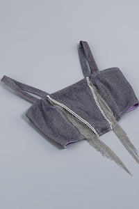 Conjunto de dos piezas con purpurina brillante y minifalda con top corto sin mangas y borlas
