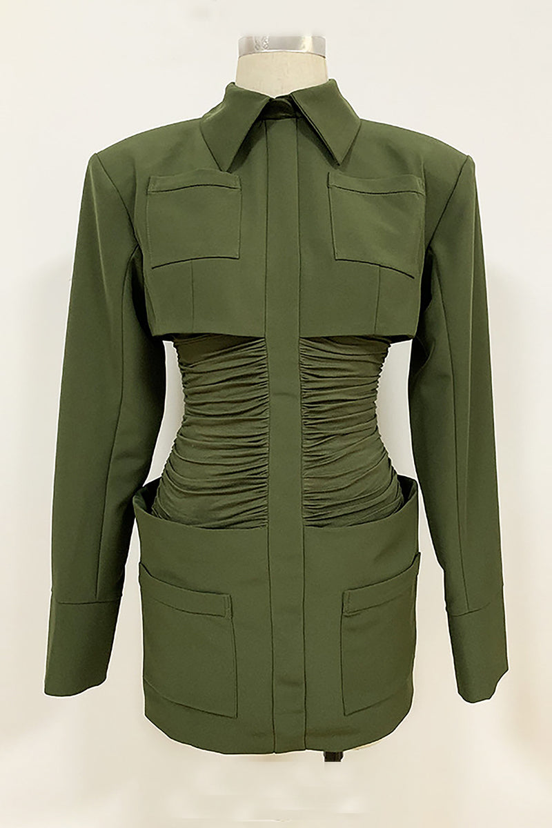Green Long Sleeve Girdle High Waist Fall Winter Mini Dress - IULOVER