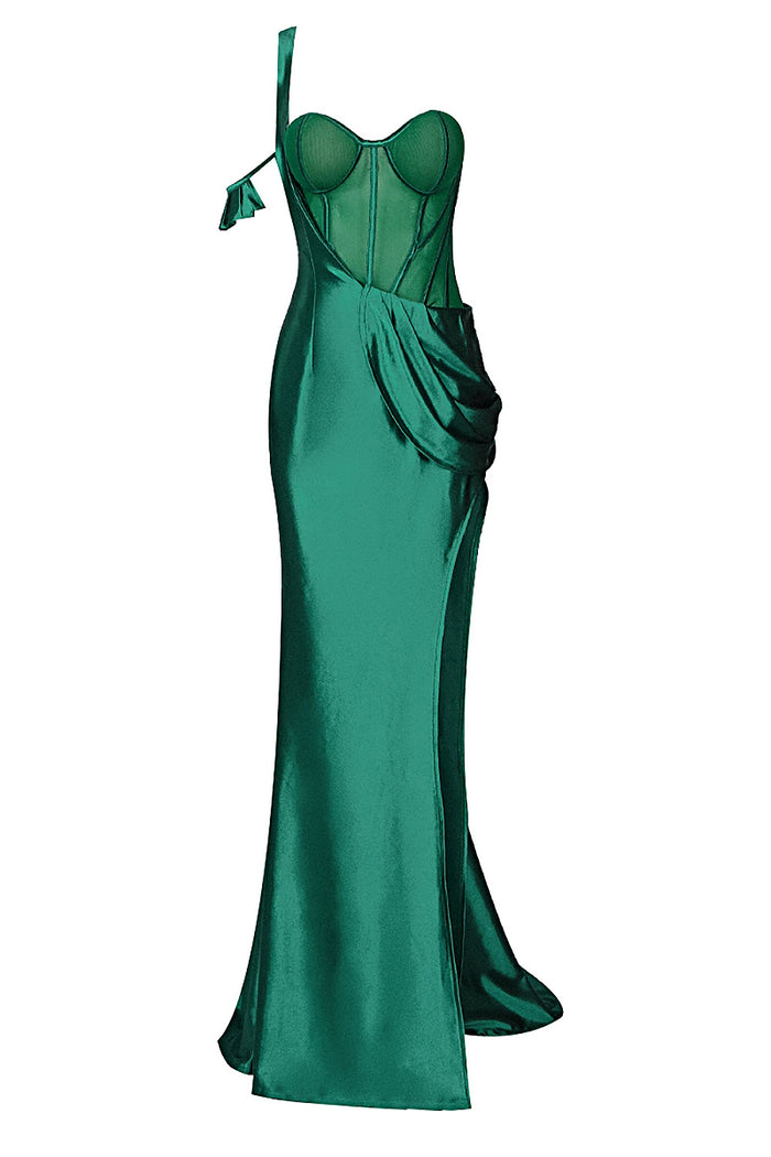 Green One-Shoulder Sleeveless Panel Mesh Maxi Dress