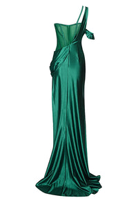 Vestido largo de malla con panel sin mangas y un solo hombro verde