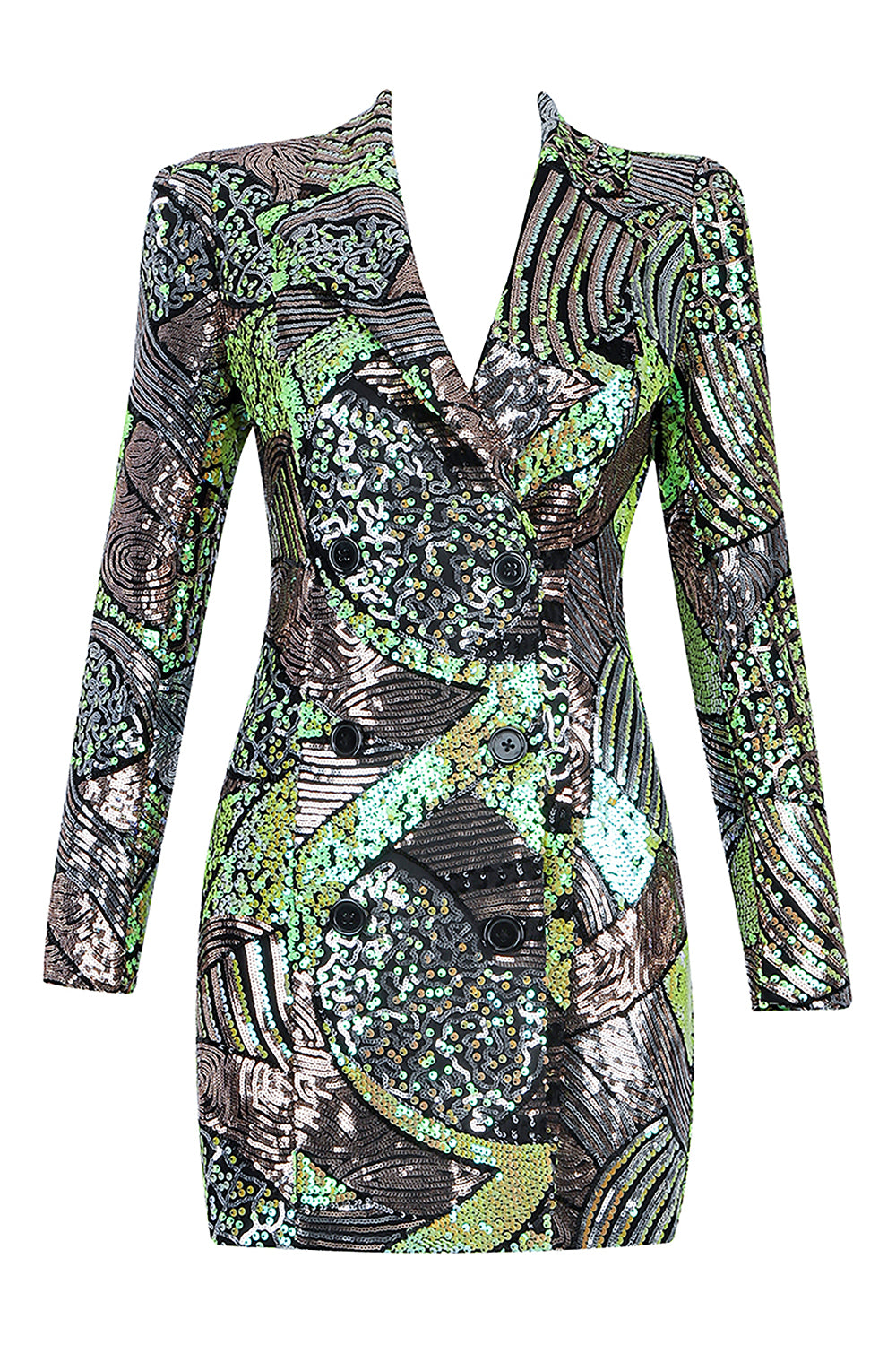 Green Shiny Sequin Lapel Long Sleeve Double Breasted Blazer Dress - IULOVER
