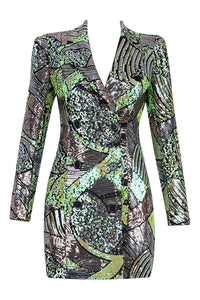 Green Shiny Sequin Lapel Long Sleeve Double Breasted Blazer Dress - IULOVER