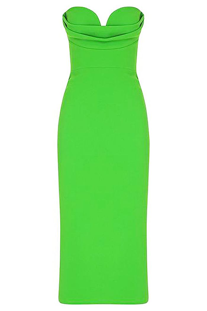 Vestido Bandage Bodycon Midi Sem Alças Em Verde Rosa Vermelho