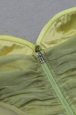 Green Strapless Mesh Lantern Sleeve Draping Dress - IULOVER