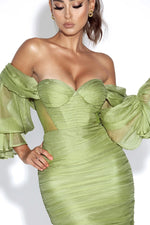 Green Strapless Mesh Lantern Sleeve Draping Dress