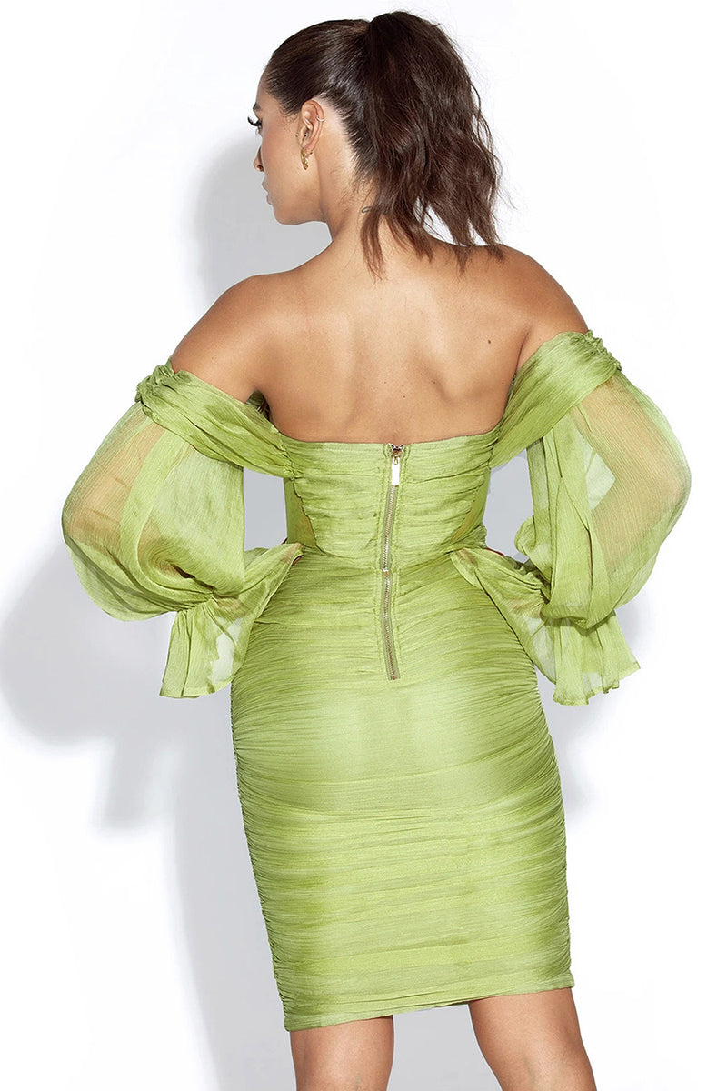 Green Strapless Mesh Lantern Sleeve Draping Dress - IULOVER