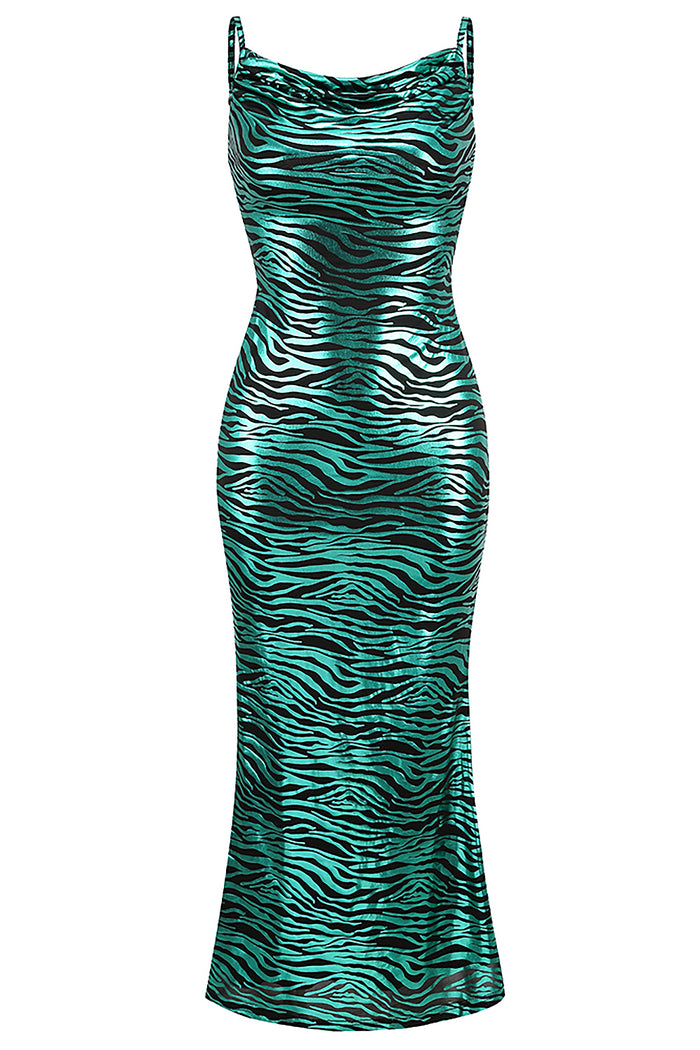 Green Strappy V-Neck Zebra Print Maxi Dress