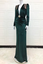Green Velvet V Neck Gown