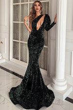 One-shoulder Hollow Our Irregular Fishtail Sequins Gowns in Black Green Burgundy