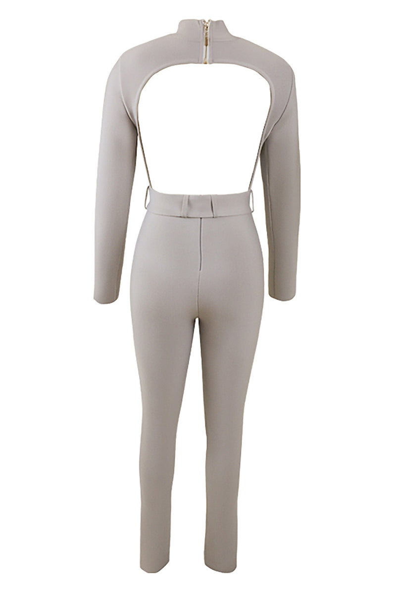 Long Sleeve High Neck Belt Tights Hollow Jumpsuit - IULOVER