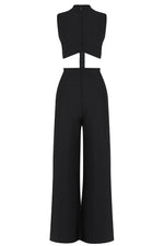 High-Neck Hollow Striped Bodycon Bandage Jumpsuit - IULOVER