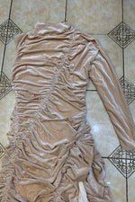 High Neck One Shoulder Long Sleeve Velvet Draped Long Dress - IULOVER