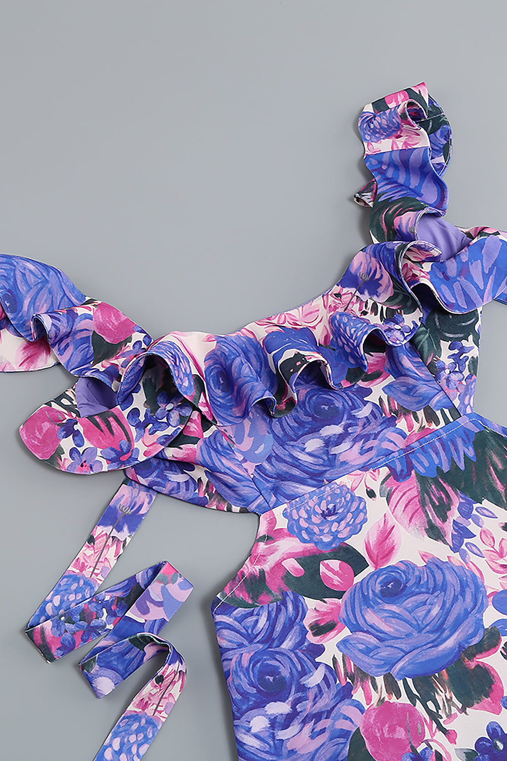 Minivestido floral Ikat roxo com babados maré alta