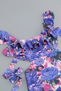 Minivestido floral Ikat roxo com babados maré alta