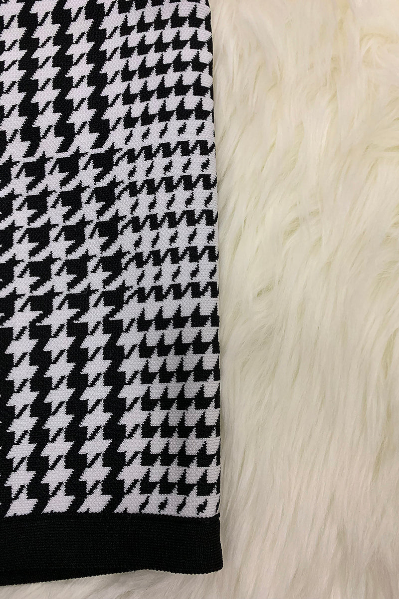Houndstooth Print Black and White Long Sleeve Bandage Dress - iulover