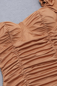 Khaki Cap Sleeves Ruched Mesh Mini Dress - IULOVER
