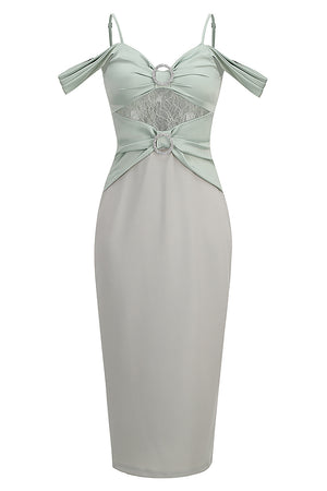 Lace Cutout Off-The-Shoulder Bow Midi Dress In Light Green