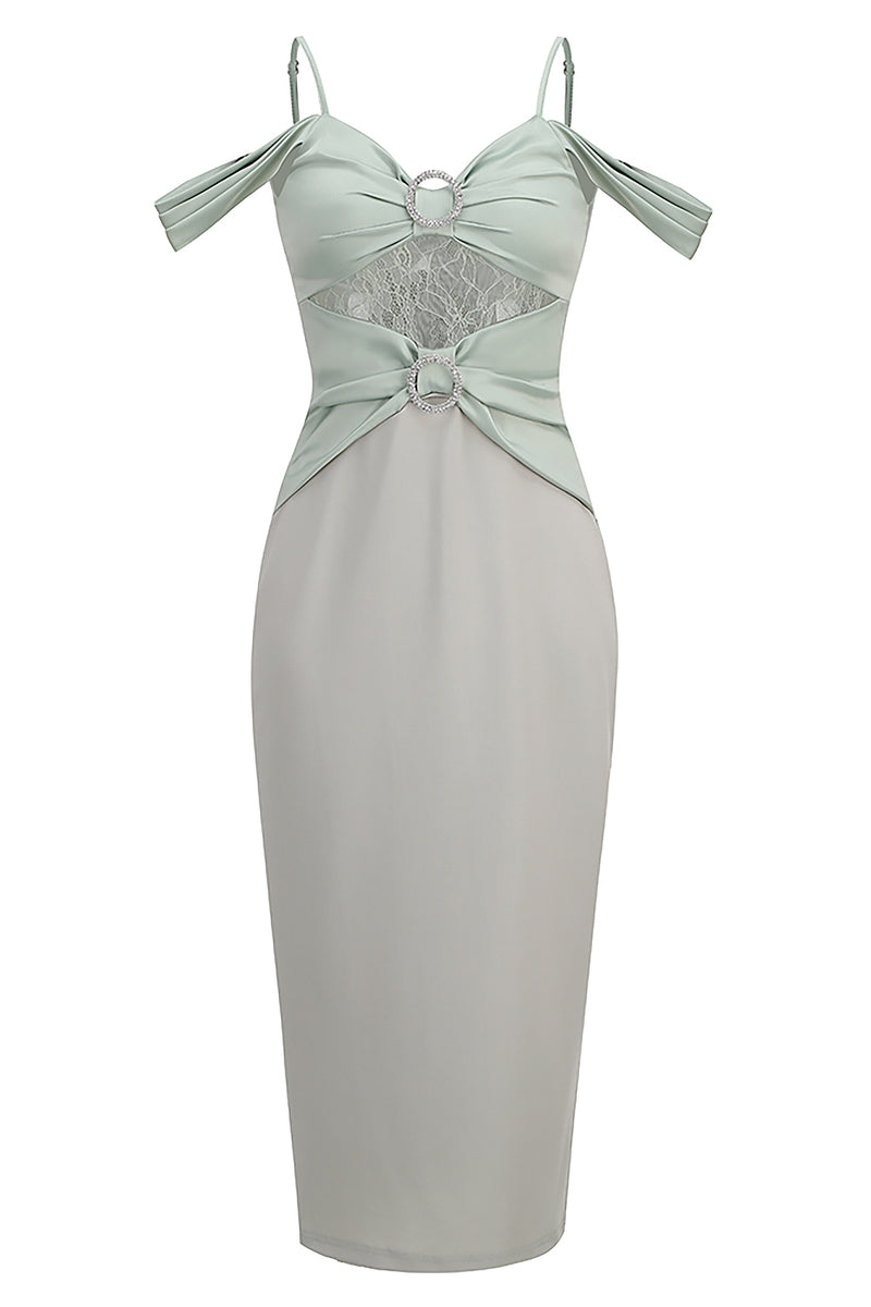 Lace Cutout Off-The-Shoulder Bow Midi Dress In Light Green