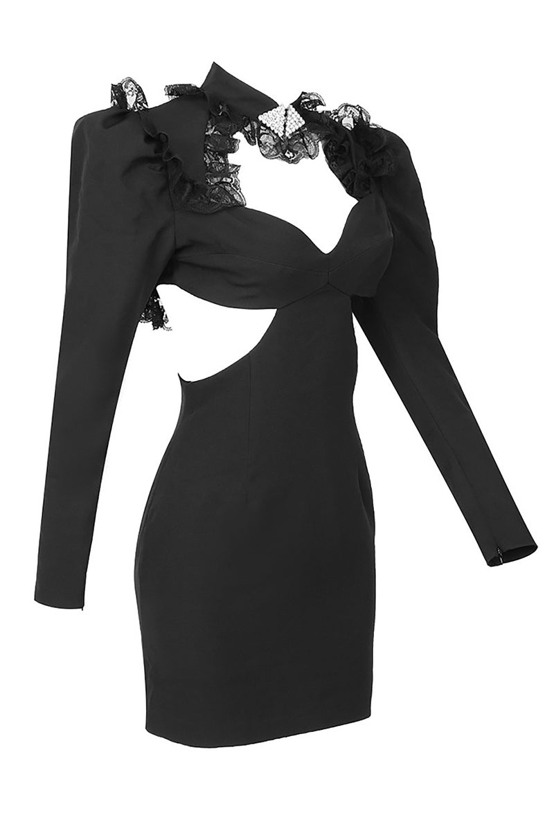 Lace Trimmed Wool Blend Mini Dress In Black