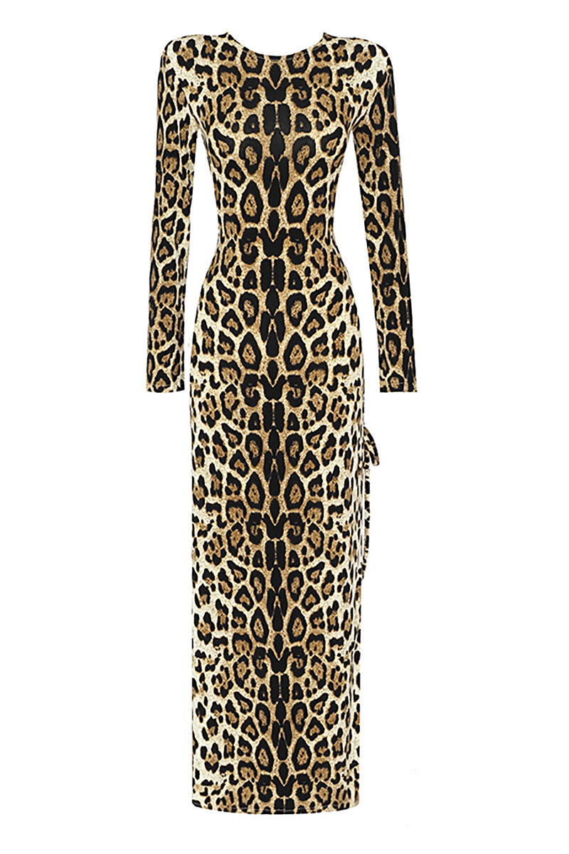 Leopard Print Backless Hollow Splits Maxi Dress