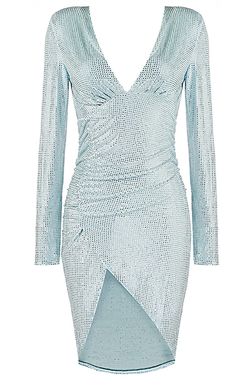 Deep V-Neck Long Sleeve Fold Split Diamond Party Dress - iulover