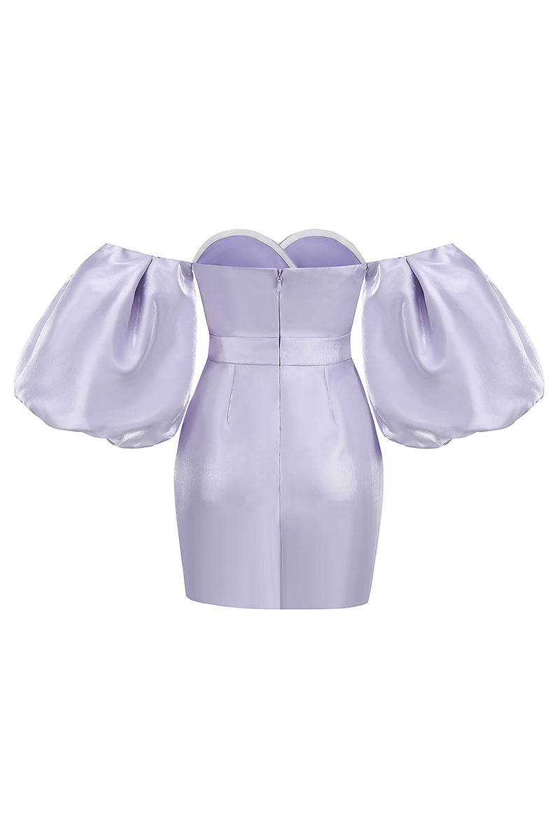 Off The Shoulder Puff Sleeve Draped Mini Dress In Pink Light Purple - IULOVER