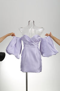 Off The Shoulder Puff Sleeve Draped Mini Dress In Pink Light Purple - IULOVER