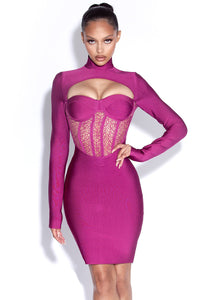 Purple Long-Sleeved High Neck Hollow Lace Stitching Bandage Dress - IULOVER