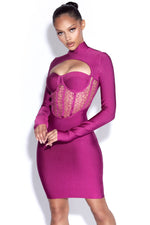 Purple Long-Sleeved High Neck Hollow Lace Stitching Bandage Dress - IULOVER