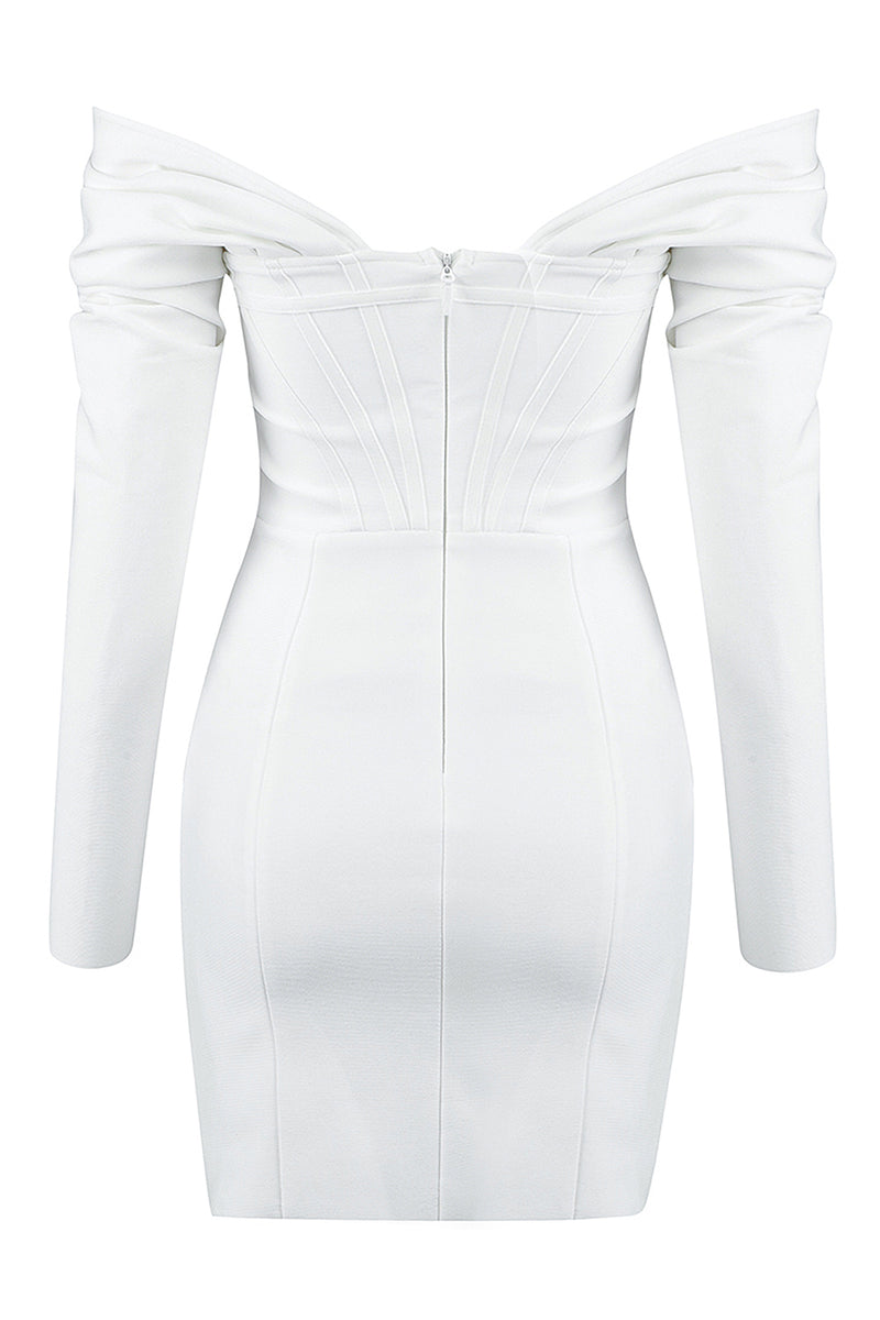 Long Sleeve Off Shoulder White Mini Bandage Dress - IULOVER