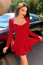 Long Sleeve Red Pleated Mini Bandage Dress - IULOVER