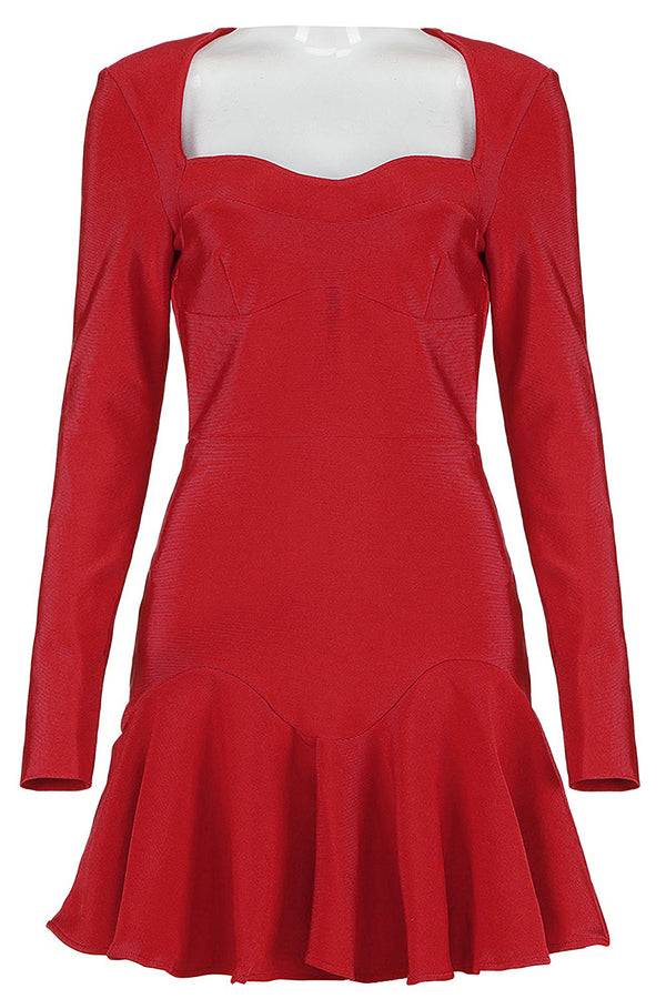Long Sleeve Red Pleated Mini Bandage Dress - IULOVER