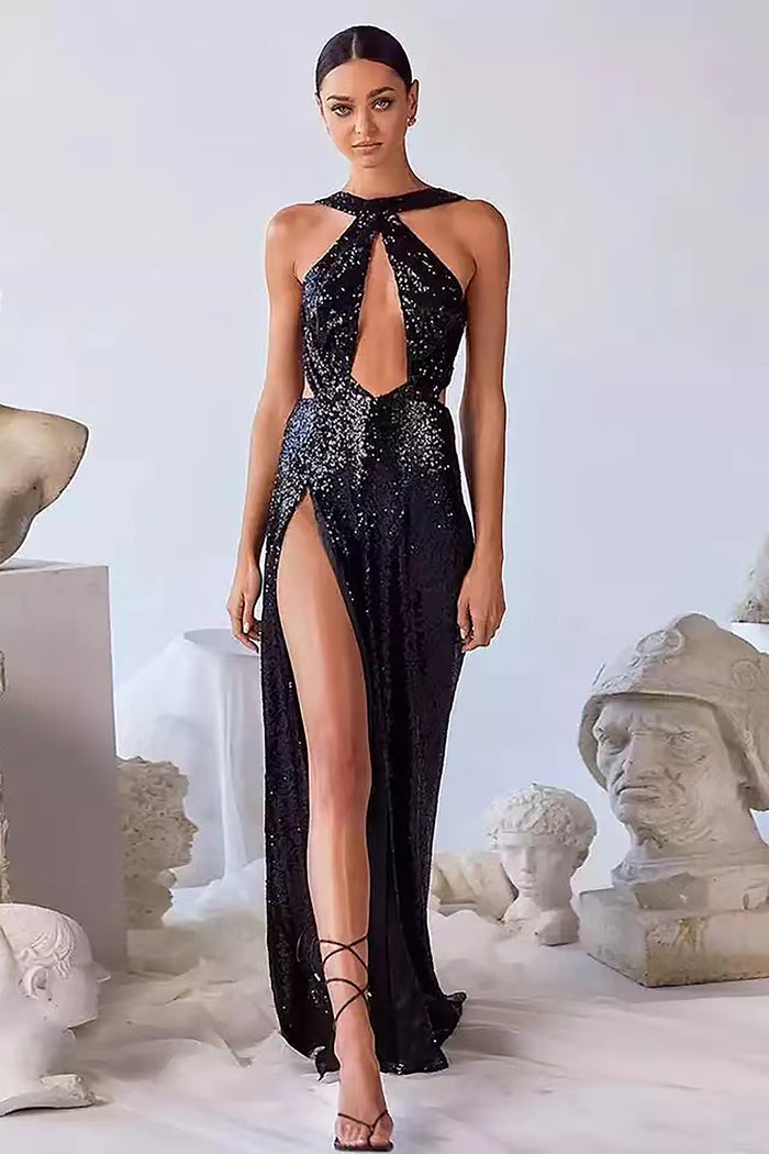 Vestido maxi luxuoso com lantejoulas pretas vazadas sem costas e divisão alta