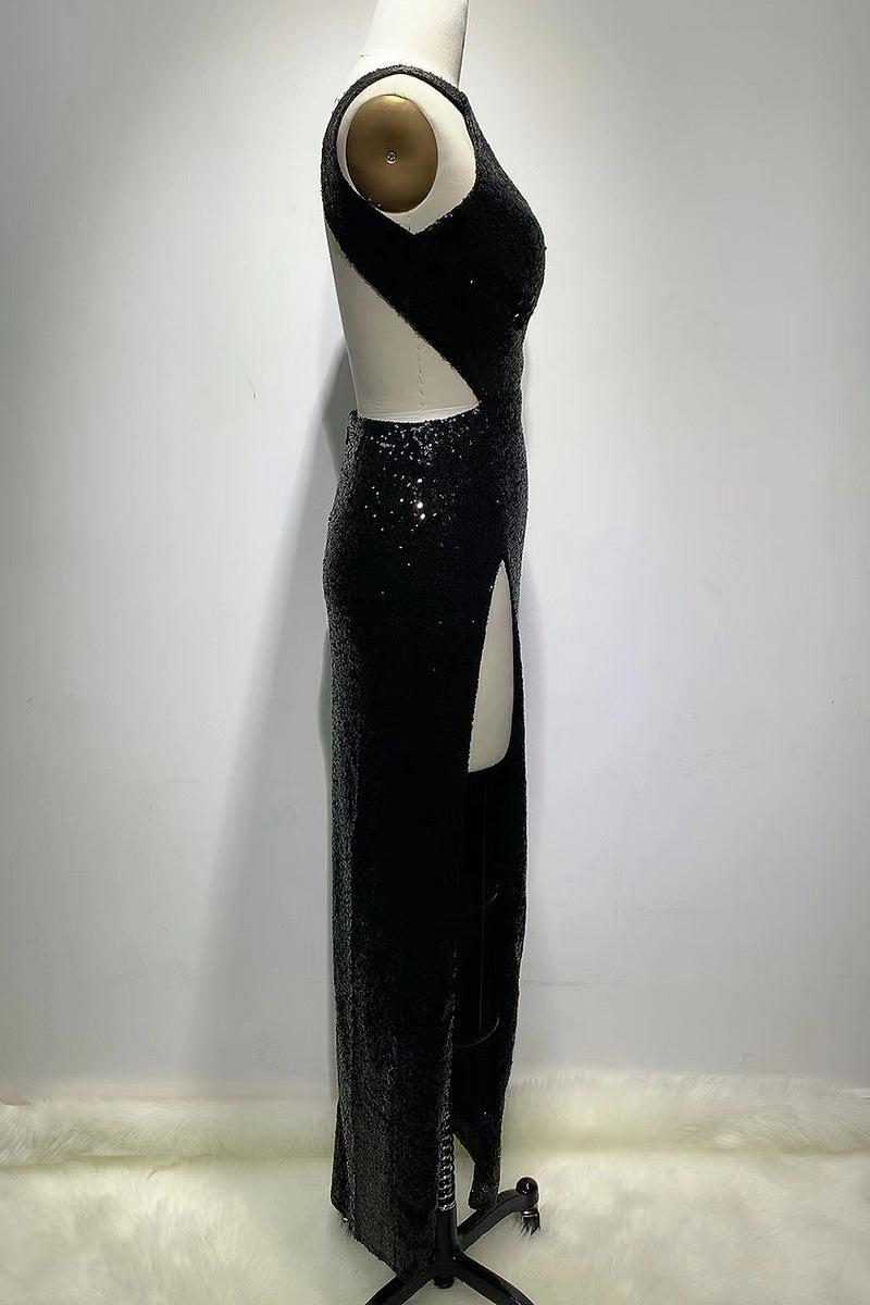 Luxury Black Sequins Hollow Backless High Split Maxi Dress – IULOVER